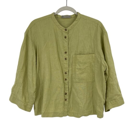Everlane Women's Size M Green 100% Linen Button Up Peasant Blouse Boxy Relaxed - Picture 1 of 11
